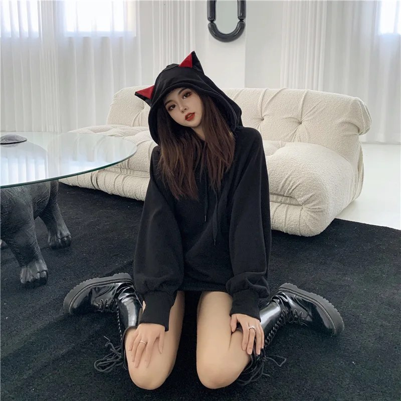 2024 Winter New Loose and Lazy Style with Thick Velvet Black Mid Length Pullover Hooded Sweatshirt Jacket for Women