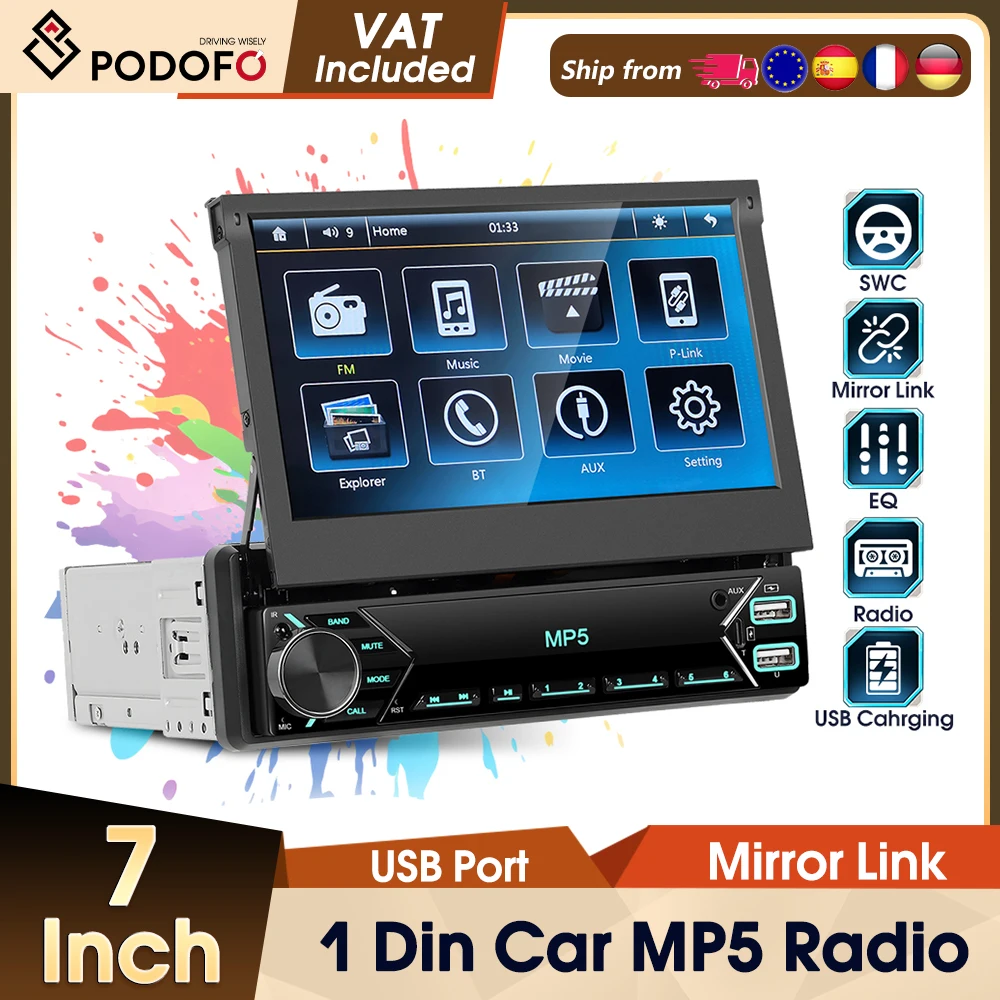 Podofo 7-Zoll-Autoradio mit einziehbarem Bildschirm, Unterstützung für Rückfahrkamera, 1 DIN, Auto-Audio-Player, TF-Karte/U-Disk, Autoradio-Stereoanlage, Bluetooth