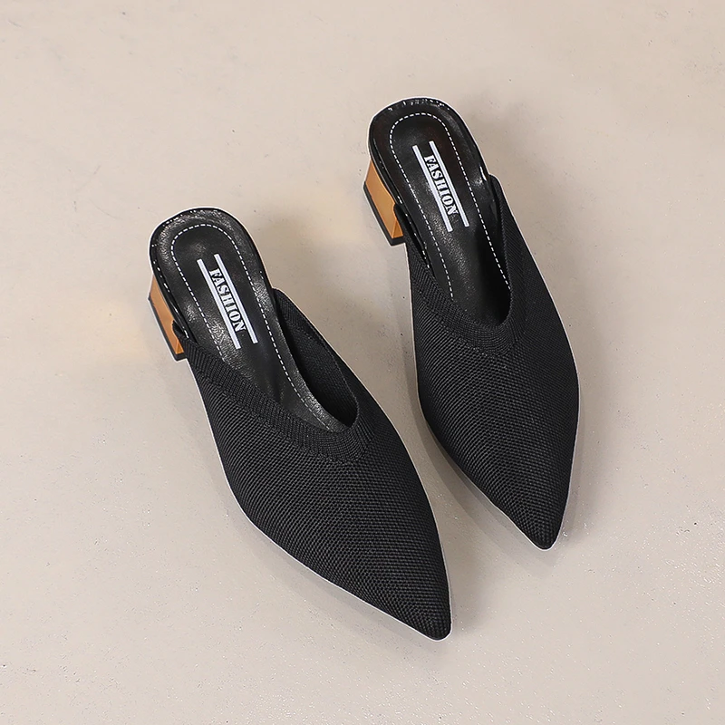 Summer And autumn Popular Fashion Pointed toe Knitted elastic Retro Wrap head half slippers Versatile thick heel cool Slippers
