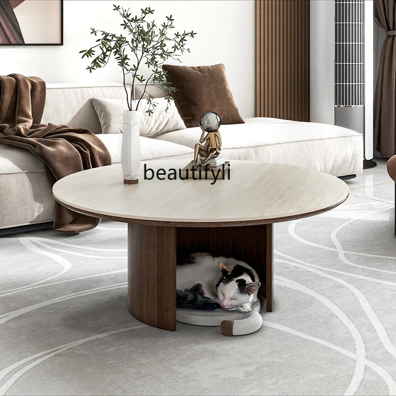 Round small apartment household solid wood cream style medium style minimalist walnut color French Italian style