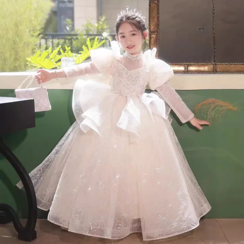 

Girls Princess High-end Catwalk Flower Wedding Little Girl Children's Host Long-sleeved Piano Performance Dress
