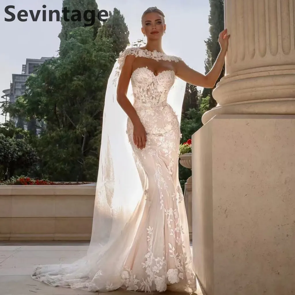 

Sevintage 2025 Nude Lining Sweetheart Mermaid Wedding Dress With Cape Lace Appliques Court Train Bridal Gowns Customized