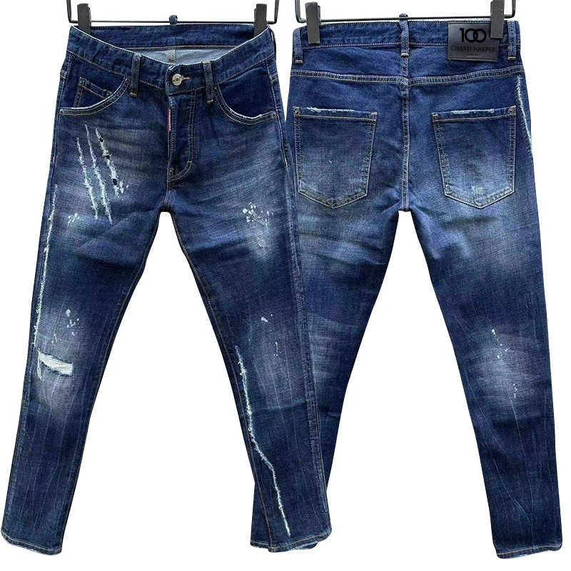 

100 chareiharper c066 new Men's skinny Skinny jeans Ripped Fabric Non-stretch Paint Splash vintage blue jeans