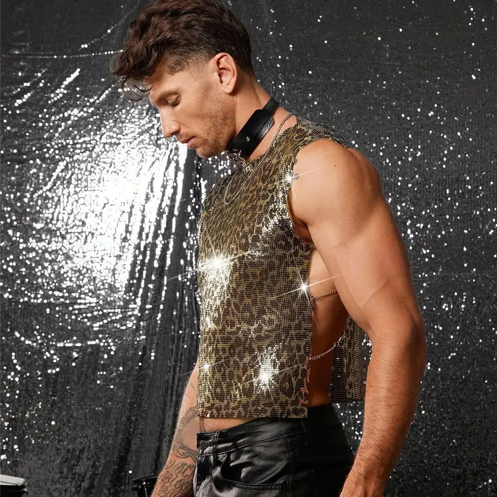 

Мужская облегающая футболка с вырезами и леопардовым принтом, с металлическими пайетками, сексуальный приталенный топ с круглым вырезом в европейском и американском стиле