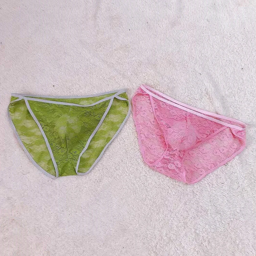 Sexy Men Lace Mesh Transparent Sheer Bulge Pouch Bikini Briefs Thongs Underwear Underpants Tempting Oversized Mens Briefs Shorts