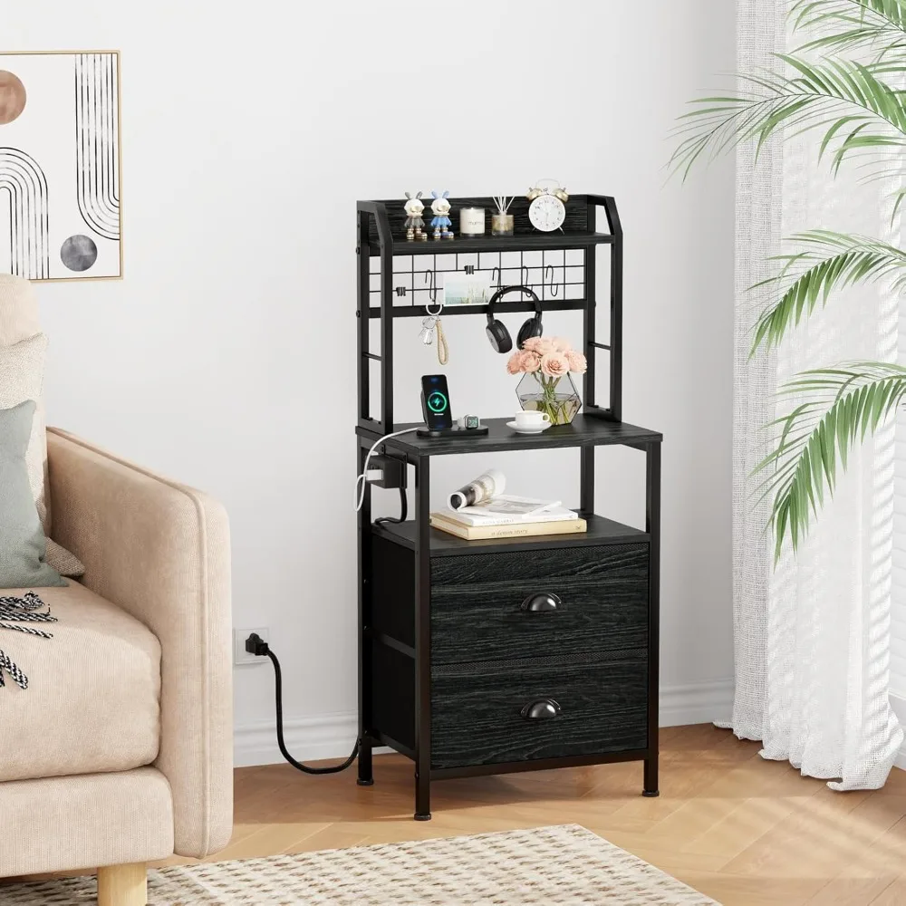 

Tall Nightstand W Charging Station, Bedside Table with LED Lights, End Table with Drawers and Storage Shelves