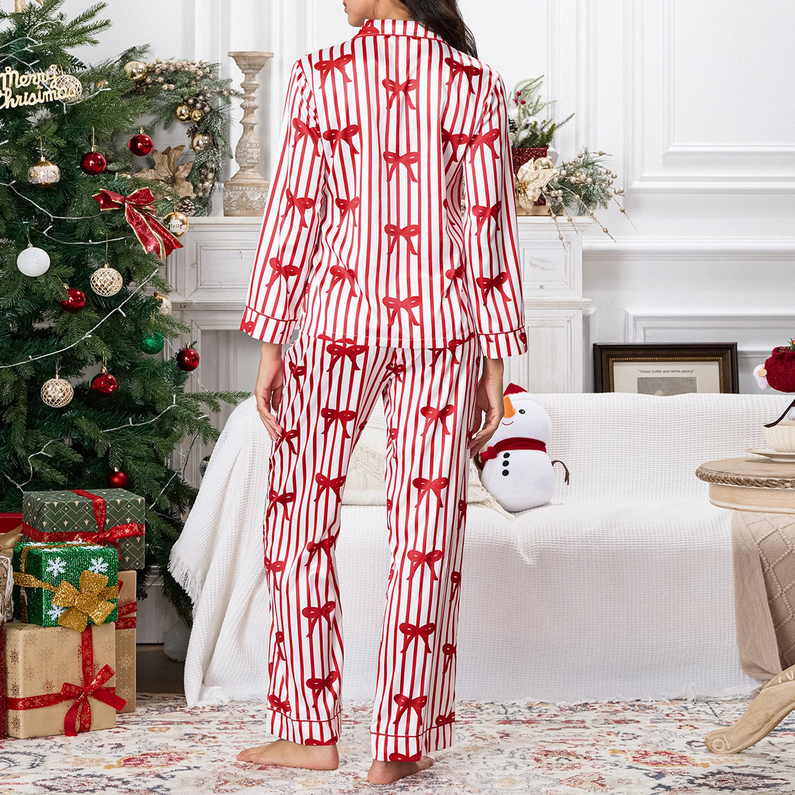 2025 Chrismtas Pajama Sets for Women Striped Bow Print Long Sleeve Button Shirts Pants New Year Loungewear Sleepwear Nightwear