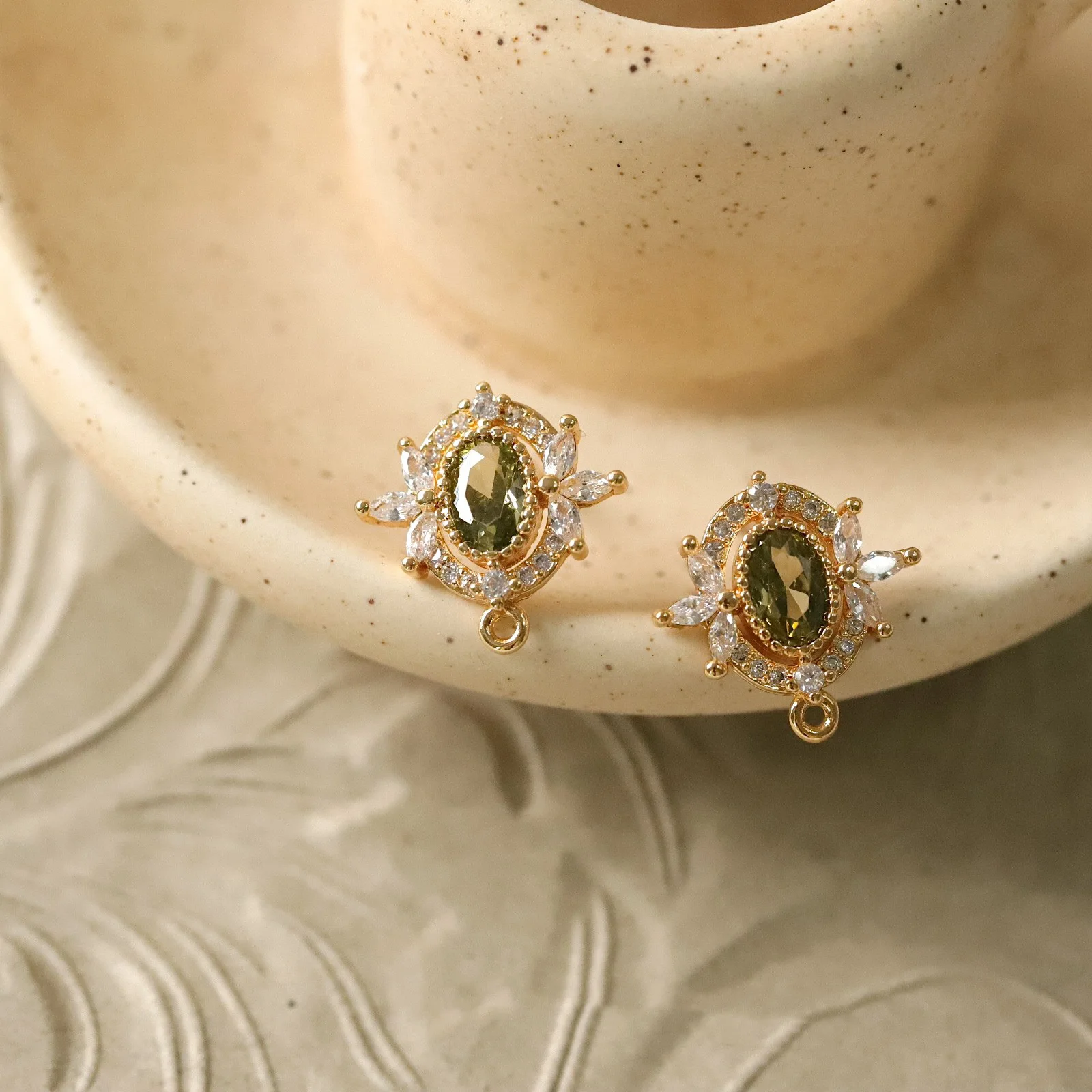 2PCS Gold Plated Brass Vintage Zircon Olive Green Ear Stud Earrings Handmade Findings Jewelry DIY Making Supplies Accessories