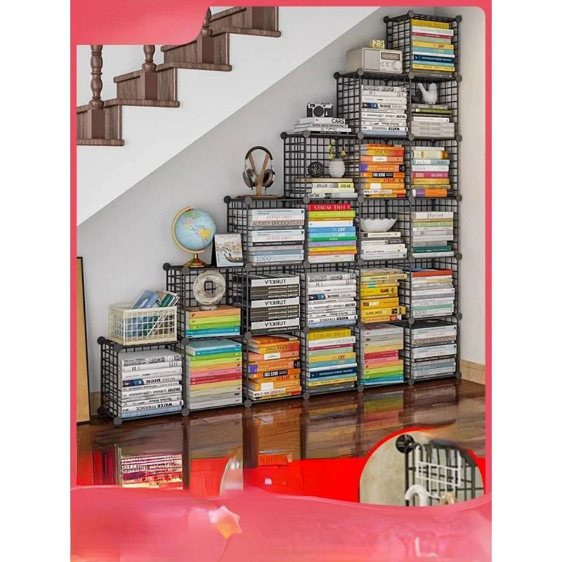 Staircase storage cabinet, bookcase with door, dust-proof free combination, lattice iron storage cabinet, simple bookshelf