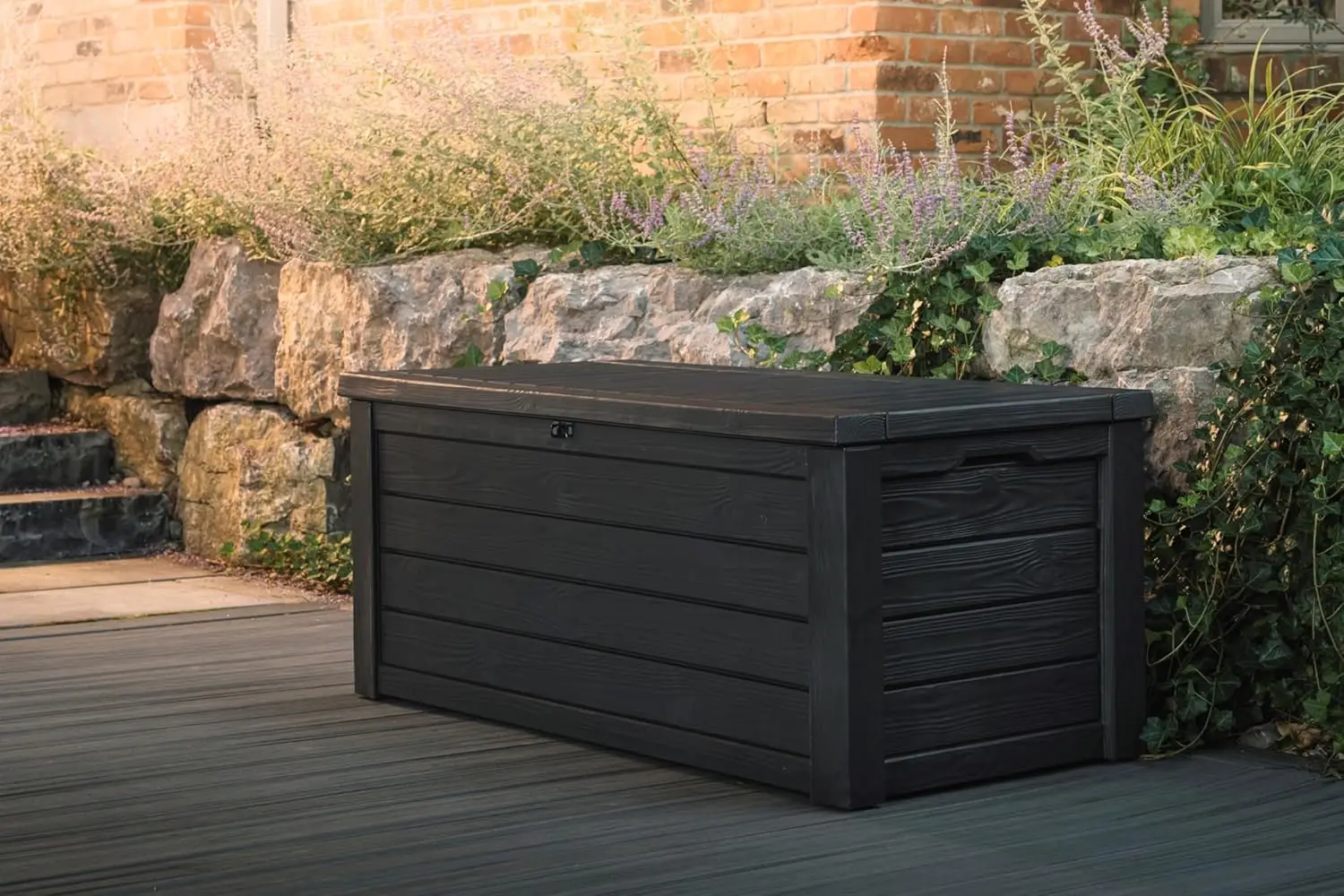 Outdoor Storage Deck Box, 150 Gallon Resin Patio Bin & Bench, Solid, Dark Grey