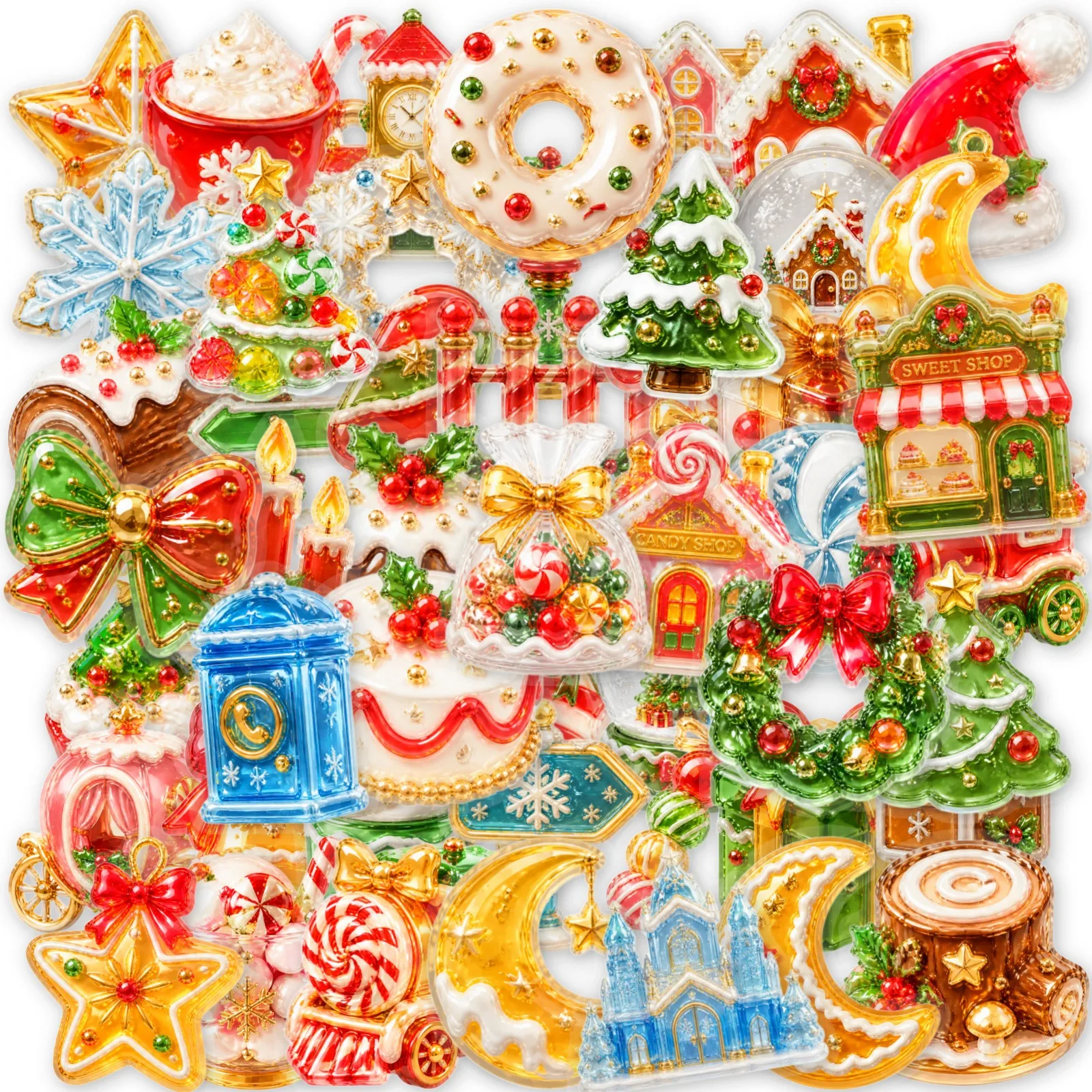 50 Piece Crystal Candy Christmas Stickers Realistic Resin Relief Festive Holiday Decor for Sweet Treats And Party Decoration