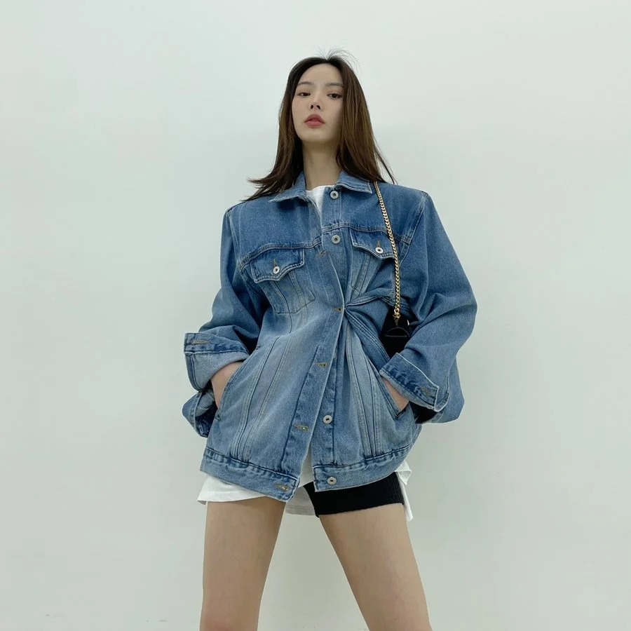 Retro Washable Button up Waist Cinched Denim Jacket Women's Loose Fit Cotton Jeans Material Long Sleeve Straight Cut Jacket