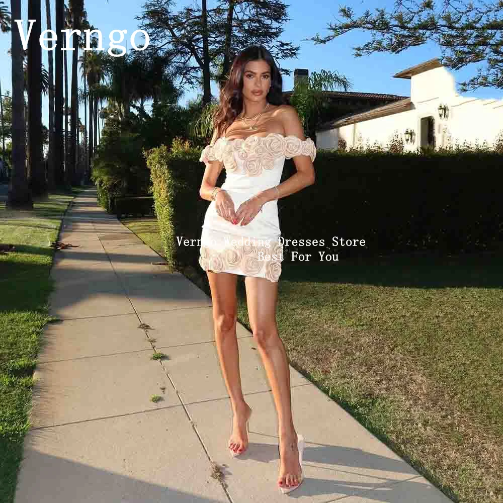 Verngo lvory Satin 3D Flower Mini Prom Gown Off The Shoulder Mermaid Short Party Dress Women Elegant Cocktail Dress Customized