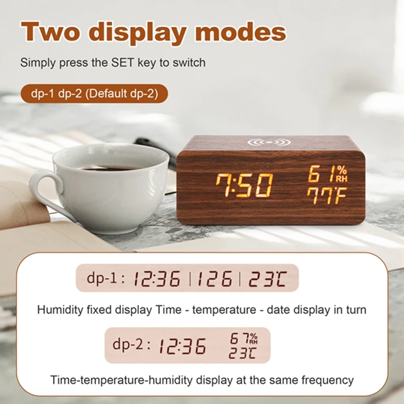 Top Deals Digital Alarm Clock, Temperature And Humidity Alarm Clock LED Electronic Clock Smartphone Wireless Charger