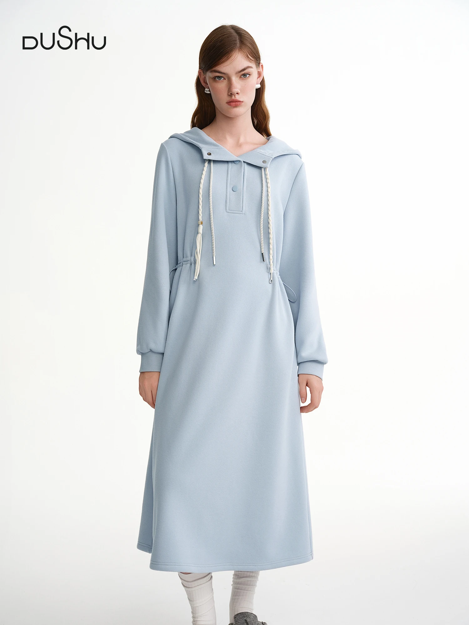 

DUSHU Winter A-line Maxi Dresses Women Waist-defined Hooded Sweatshirt Sundress Long Sleeve Holiday Vestidos Cotton Daily Sweet