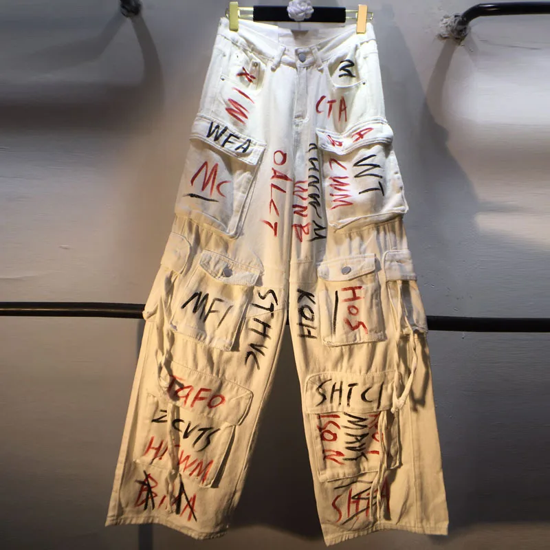 

Европейские белые джинсы, осень 2023, новые обтягивающие длинные прямые джинсовые брюки-карго с высокой талией и несколькими карманами для женщин