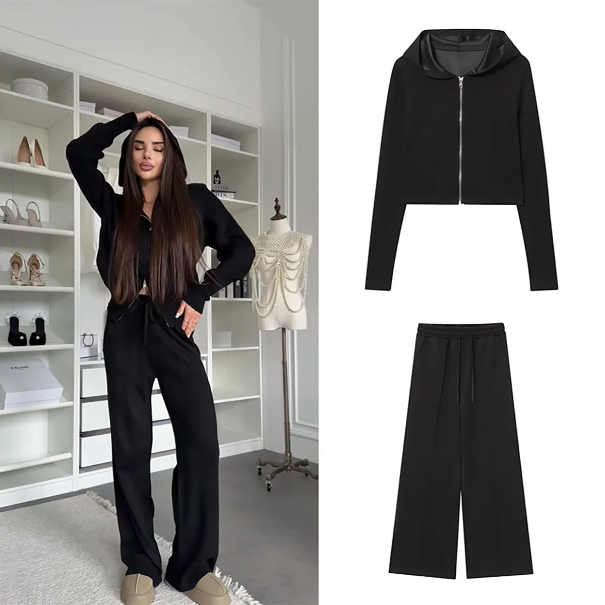 المرأة الخريف سليم صالح متماسكة سستة مقنعين سترة قصيرة البلوز بلون عارضة واسعة الساق السراويل قطعتين مجموعة #1