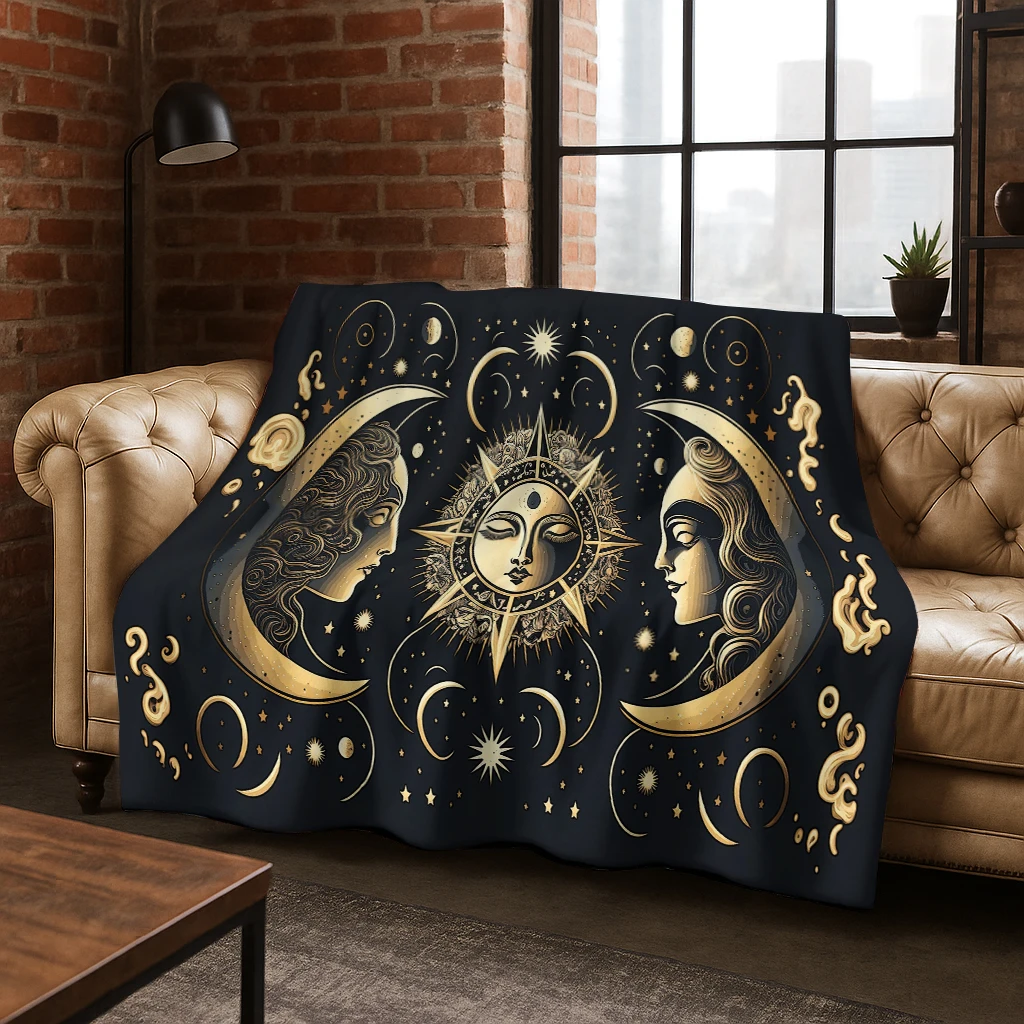 Gothic Sun Face Moon Face Witchcraft Tarot Flannel Blanket Soft Warm Blanket for Bedroom Room Living Room Travel Camping Picnic