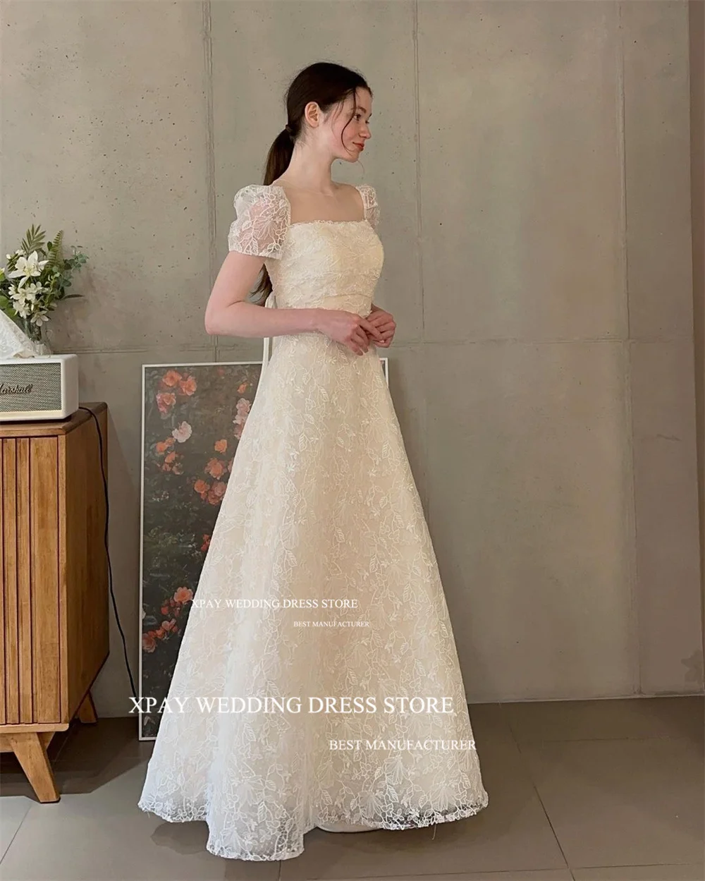 XPAY Elegant Square Neck A Line Korea Wedding Dresses CustomisedFull Lace Short Sleeve Bride Dress Corset Backless Bridal Gown