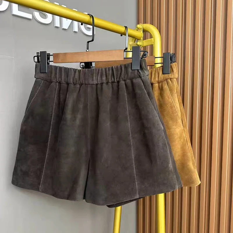 

Women's Leather Shorts 2025 Spring Real Suede Vertical bar High Elastic Waist Pants Mujer Camel Casual Pantalones Cortos