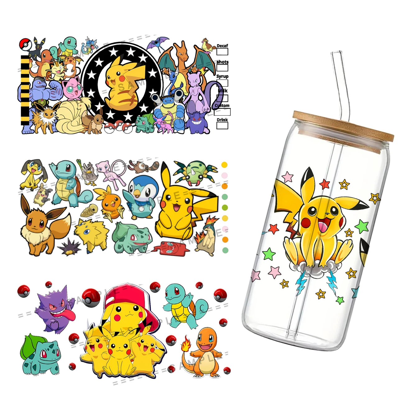 11*24cm Pokemon Cup Wrap Sticker 16oz Uv Dtf waterproof Sticker Transfer Sticker