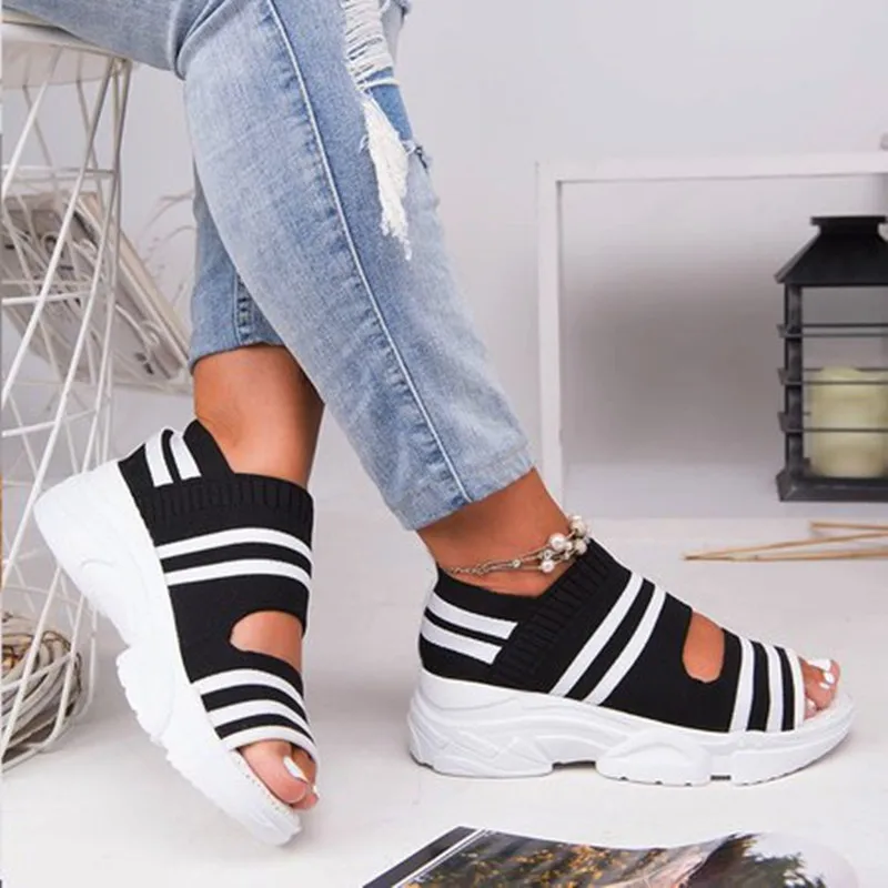 Women Sandals 2023 High Heels Platform Women Shoes Summer Female flats Knitting Slip On Peep Toe casual Women Sandals