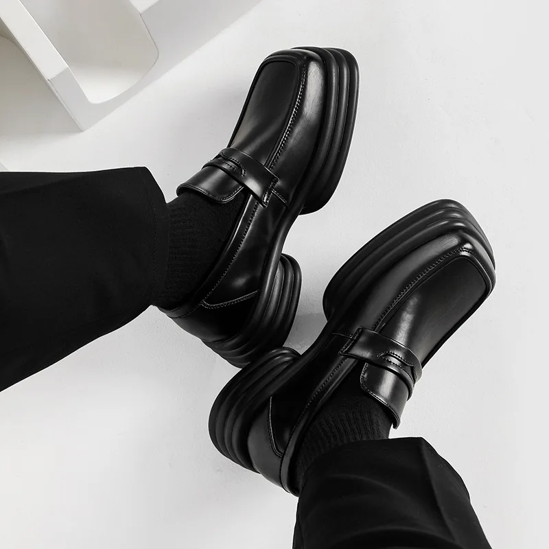 Zapatos de plataforma de vestir punk para hombre, zapatos de cuero originales sin cordones, mocasines negros con punta cuadrada, calzado de diseñador elegante