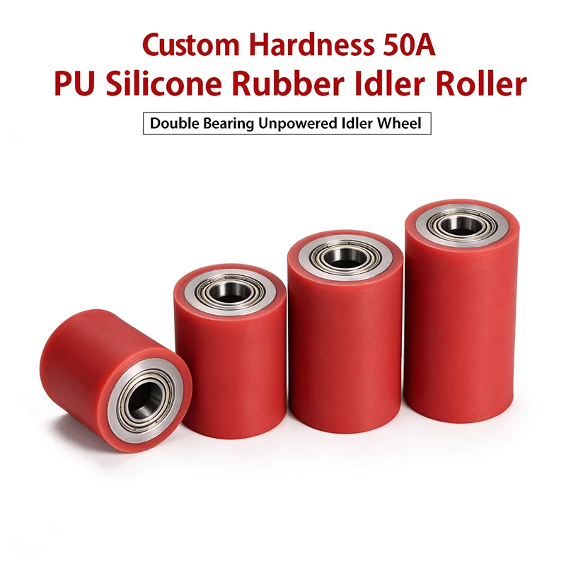 Custom Hardness 50A PUSiliconeRubber IdlerRollerDouble Bearing Unpowered Idler Wheel Wear Resistant Conveyor Roller ID 12-20mm