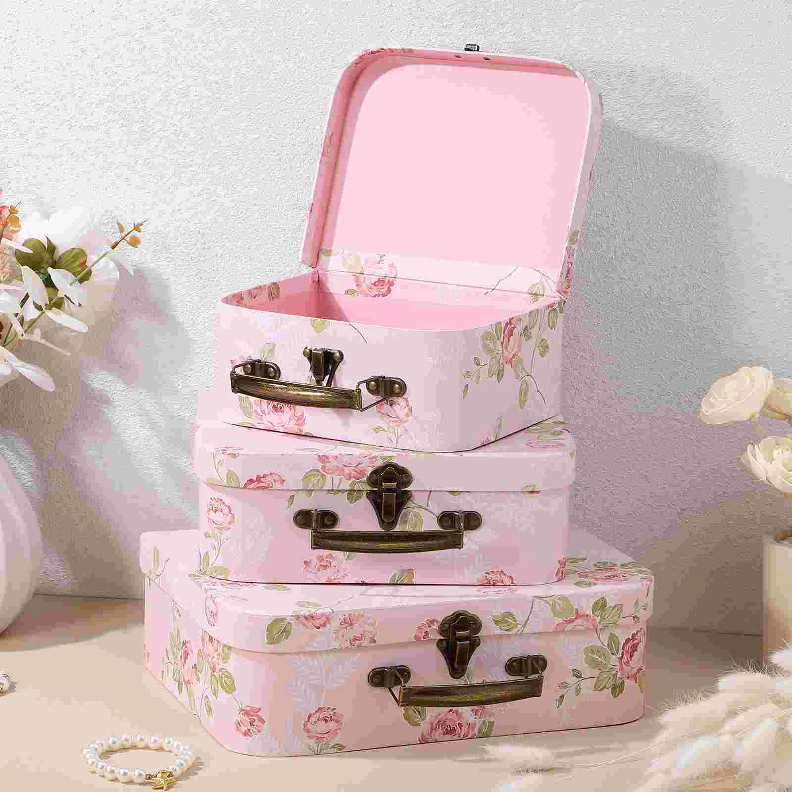 3 Pcs Cardboard Boxes Three Piece Gift Flower Storage Suitcase Pink Paperboard Travel