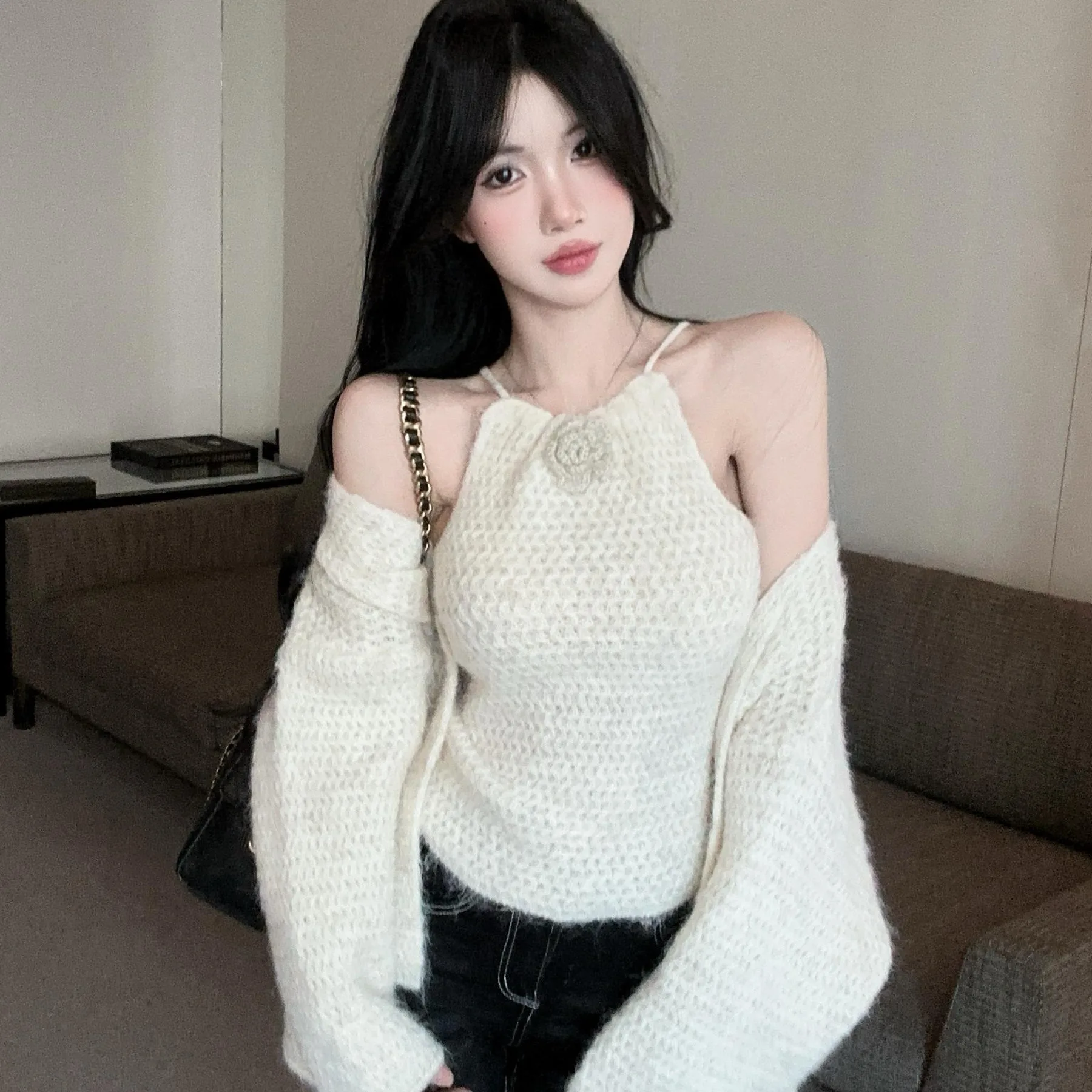 المرأة فضفاضة طويلة Sve محبوك سترة مجموعة مع 3D زهرة Ne تصميم الخريف الشتاء Faion قطعتين فرقة لباس غير رسمي