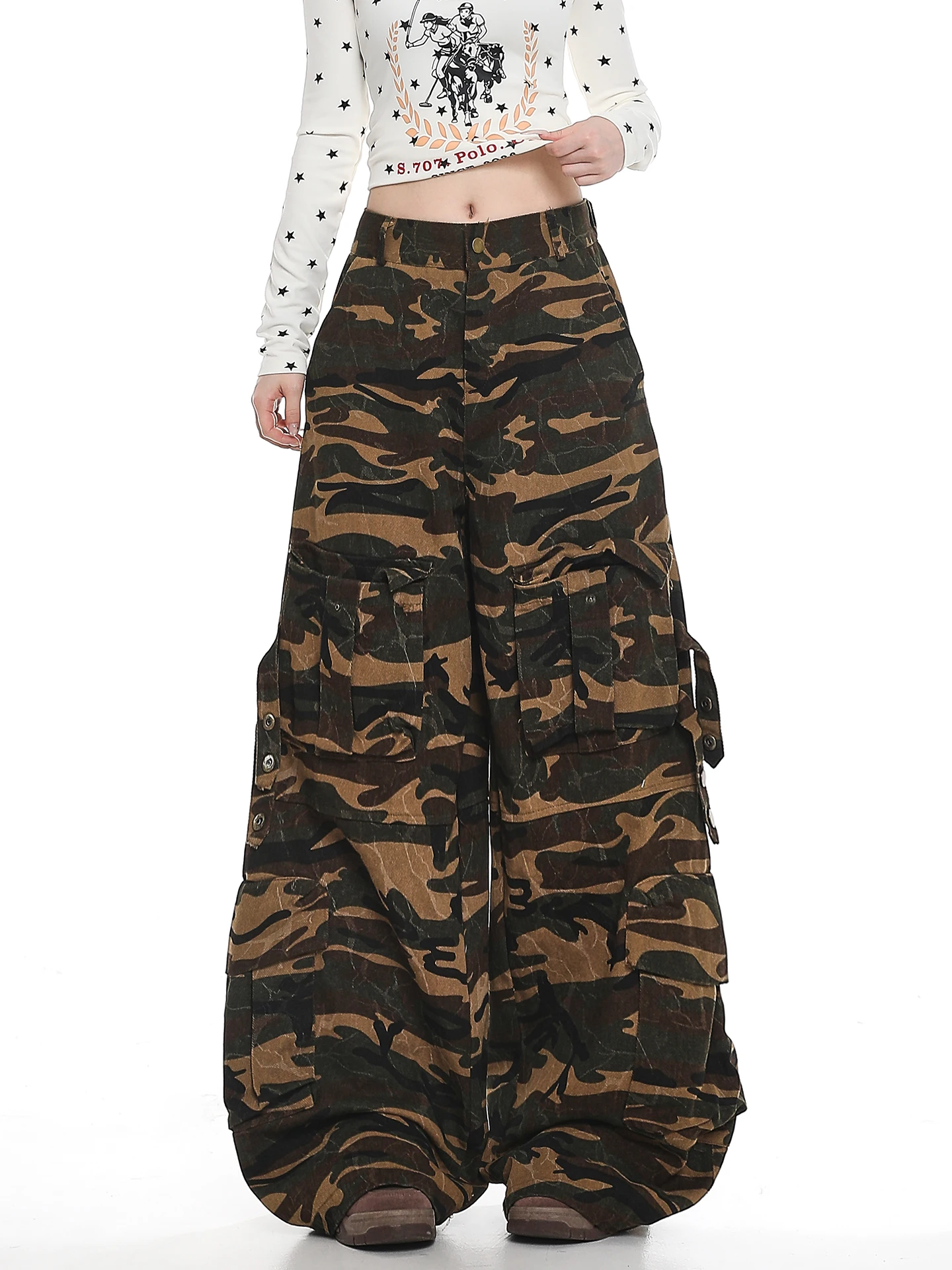 American Retro Camouflage Multi-Pocket Work Pants Women's Loose High Waist Wide Leg Jeans Autumn New Style Floor-Length
