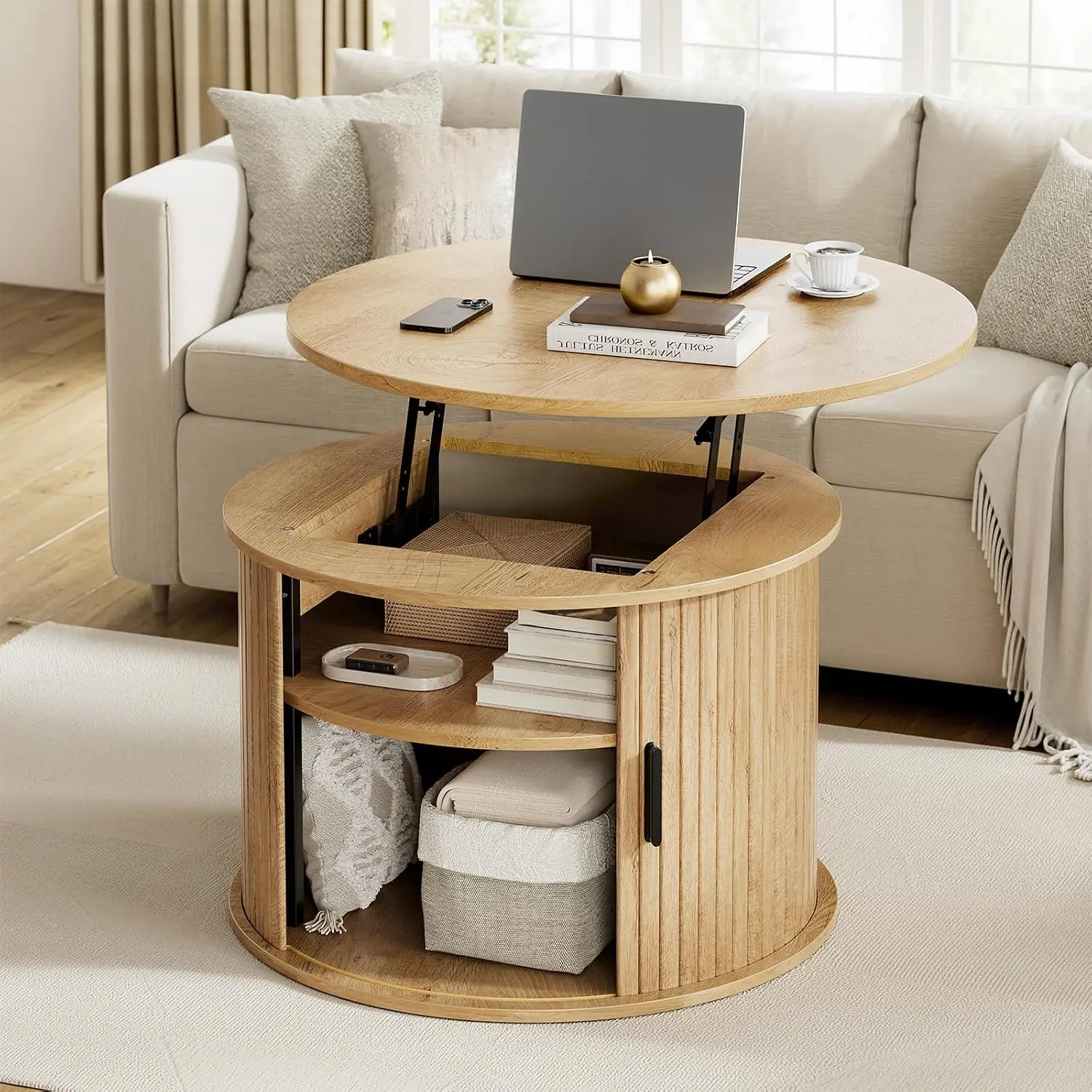 Round Lift Top Coffee Table Fluted Drum Table Sliding Door, Wood | Small Coffee Table with Fluted Sliding Door, Customized