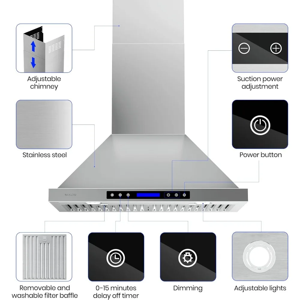 Ekon Nap02 900cfm Wandmontage Afzuigkap Geduceerd/Ductless Converteerbare Keuken Schoorsteen Ventilatie, 4 Snelheden Touch Control/Afstandsbediening