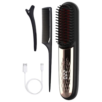 Image Cordless Hair Straightener Brush Portable Heated Straightening Brush for Travel