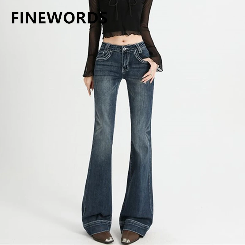 

FINEWORDS Casual Korean High Waist Flared Jeans Women Streetwear Harajuku Bell Bottom Jean Easymatch Full Length Denim Pants