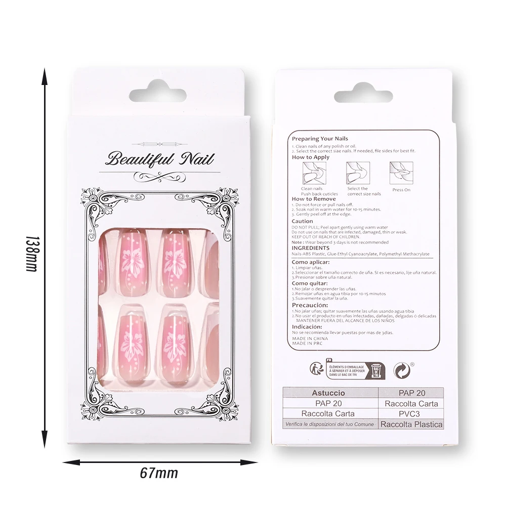 24 قطعة متوسطة زهرة طباعة الفرنسية وهمية مسمار فتاة استحى الوردي الباليه أظافر صناعية تلميح لتقوم بها بنفسك وصلات لإطالة الأظافر الاكريليك اضغط على الأظافر تلميح # #