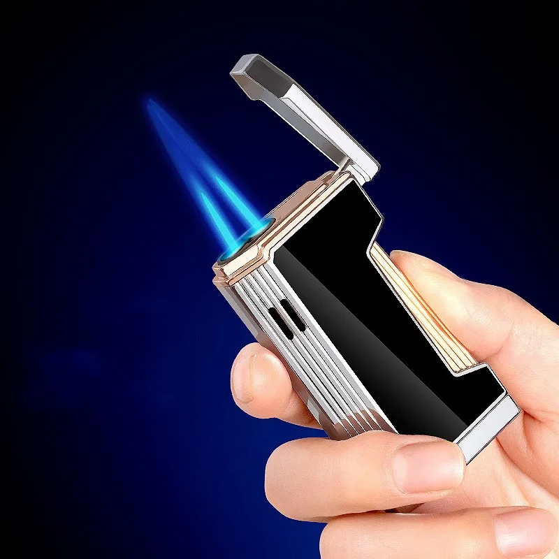 Outdoor Double Blue Flame Torch Jet Butane Gas Lighter Metal Electronic Press Ignition Windproof Cigar Lighter Gift for Men