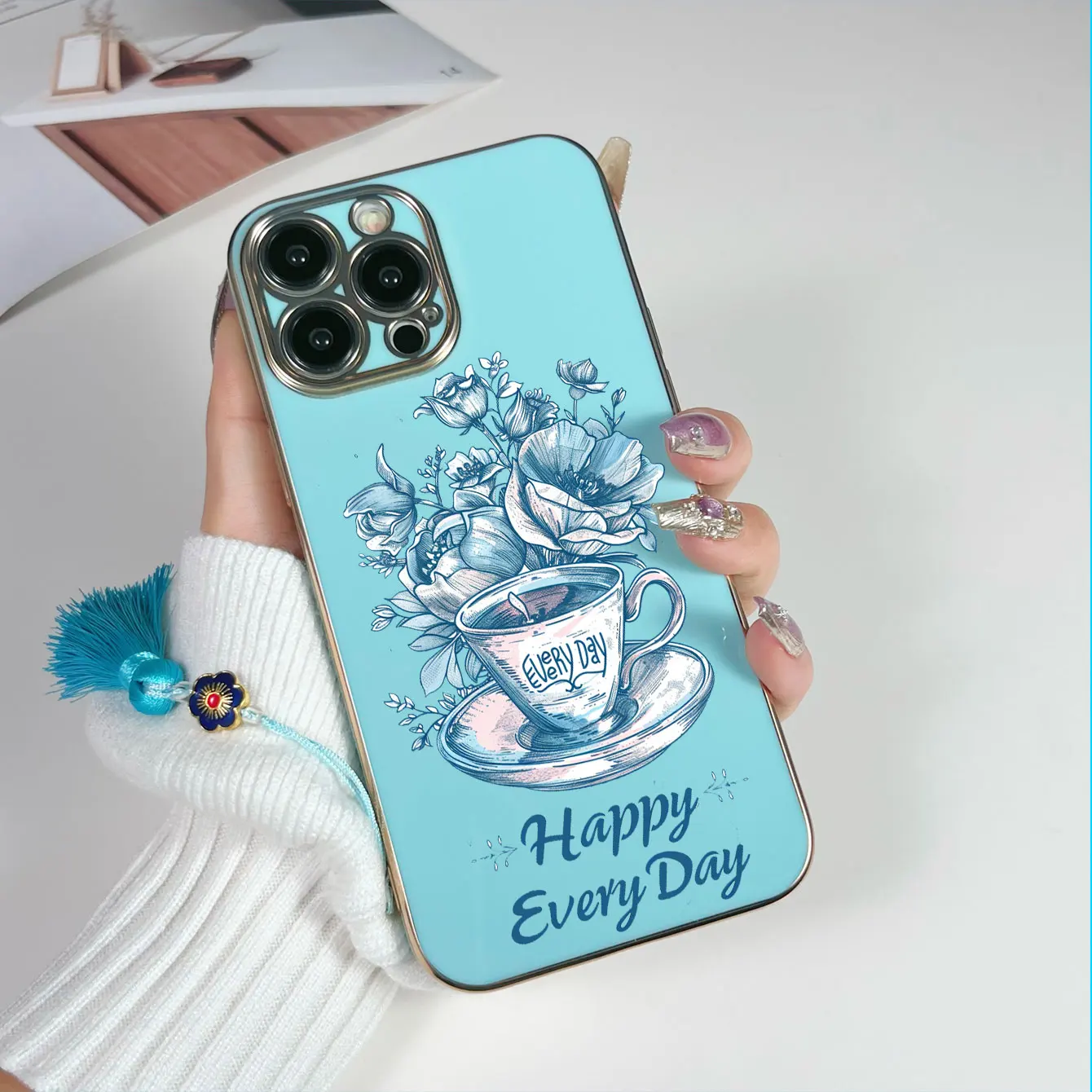 Luxo chapeamento xícara de café flor padrão borla cordão caso telefone para iphone 17 16 15 14 plus 13 12 11 pro max capa fundas