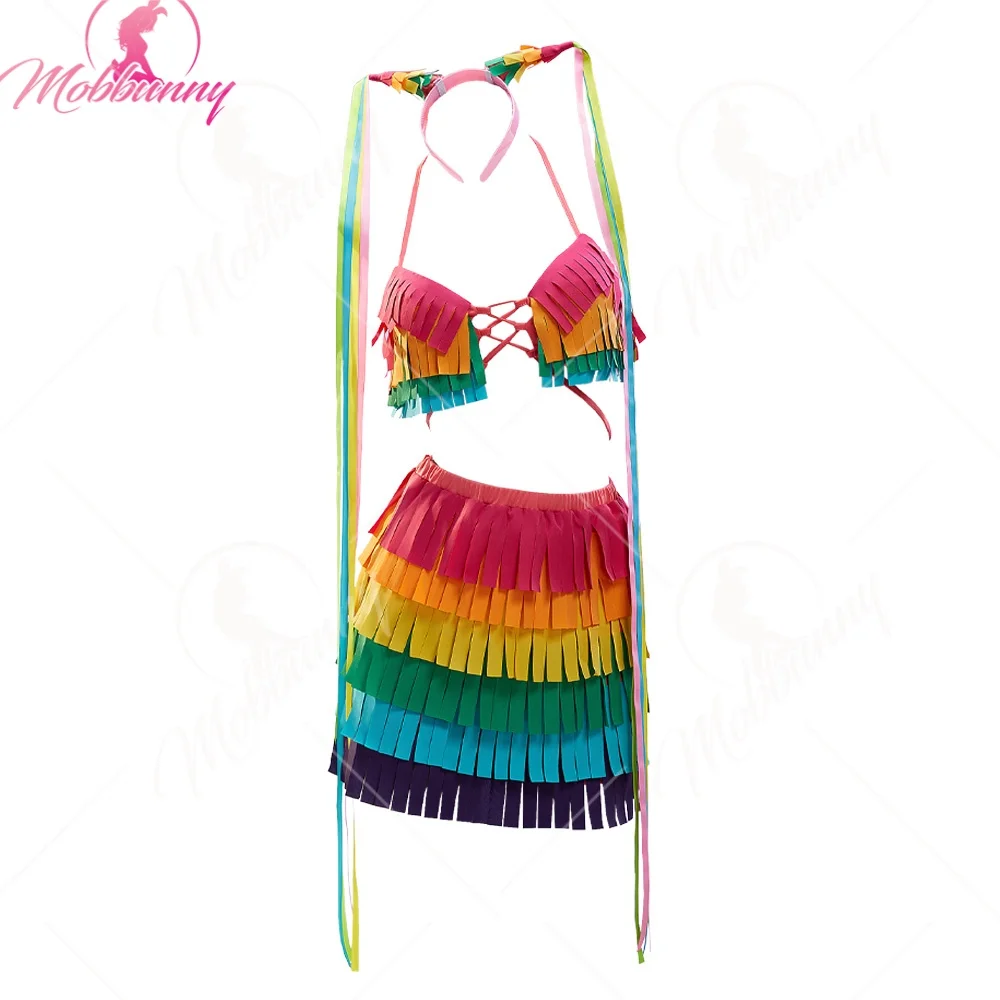 

MOBBUNNY Women Pinata Theme Costume Sexy Colorful Fringe Lingerie Halloween Layered Fringe Top and Skirt with Sleeves