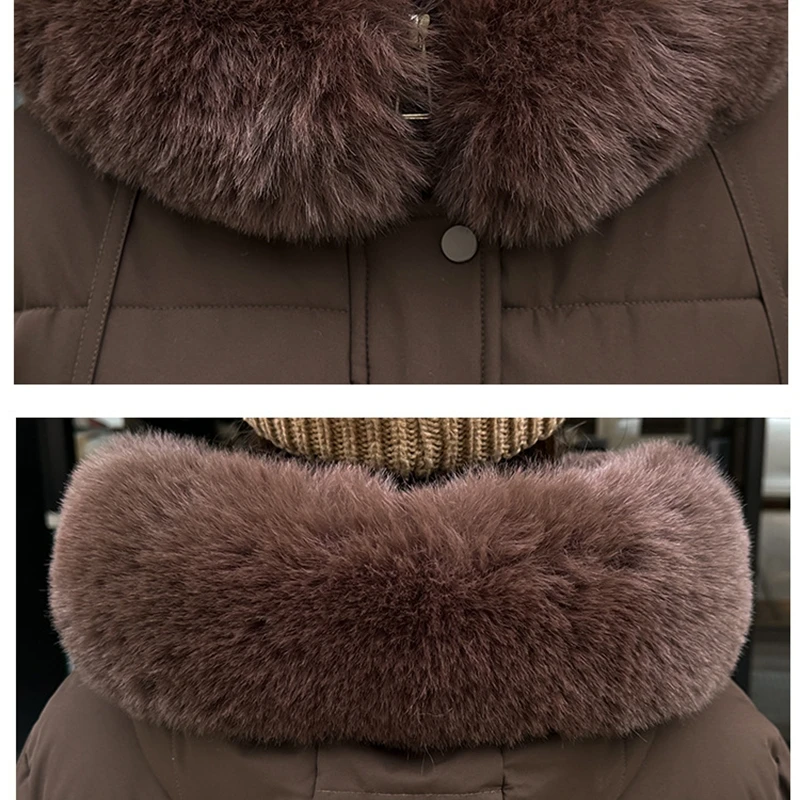 冬用厚手暖かいフード付きビッグファーカラー女性用ロングパーカー細身ウエストベルト付き手袋付き気質通勤ダウン綿入りコート