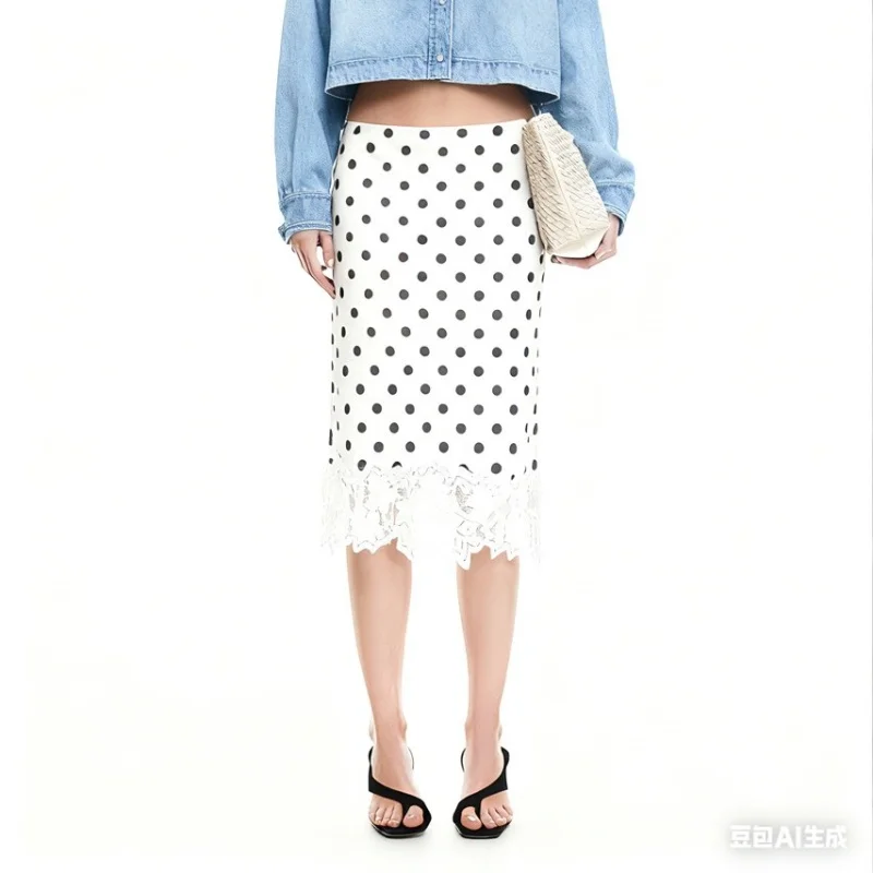 

Women Polka Dot Lace Hem Skirts Elegant High Waist Slim Pencil Mid Skirts Autumn Fashion Party Club Streetwear Skirt