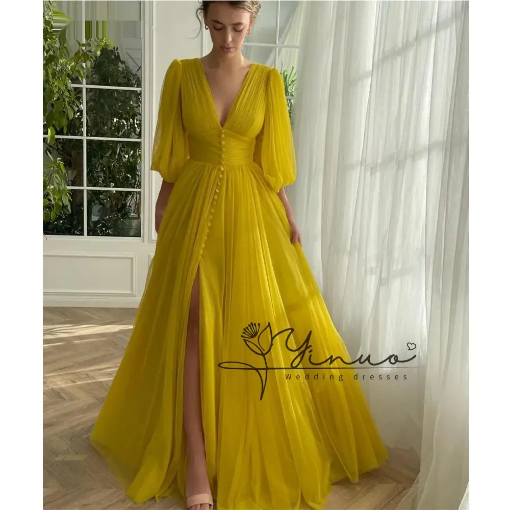 

Yellow A-line Chiffon Formal Occasion Evening Sweet Puffy Sleeves vestidos de fiesta Sexy V-neck Side Split Porm Dresses