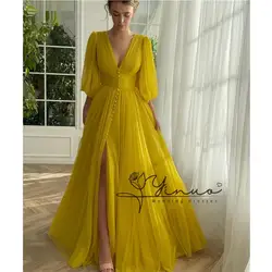 Vestido de gasa amarillo con mangas abullonadas, traje Sexy con cuello en V, abertura lateral, para ocasiones formales