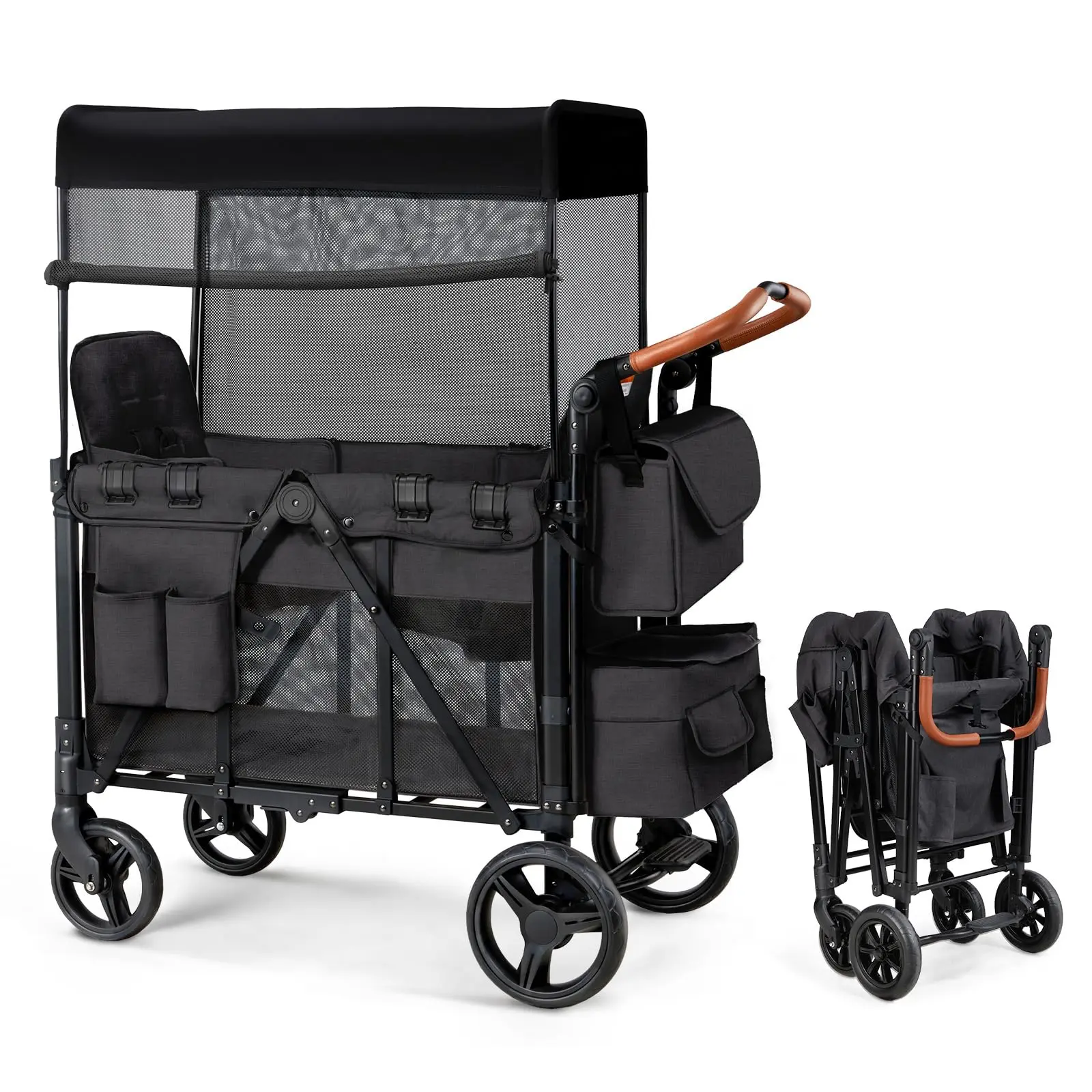 Wagon Stroller for 2 Kids, Foldable Wagon for Kids and Infants, All Terrian Wheels with Shock-Absorbing, 5 Point