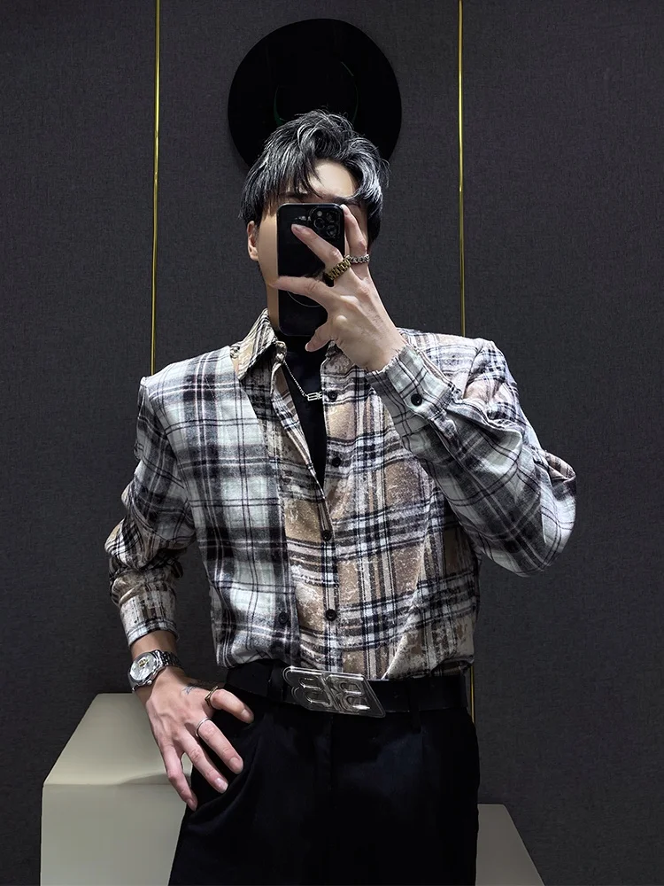 

Vintage Plaid Long Sve Men's irt Street Sle American Bo Feel Cheered Outerwear Loose Fit Iron-Free Thin Model