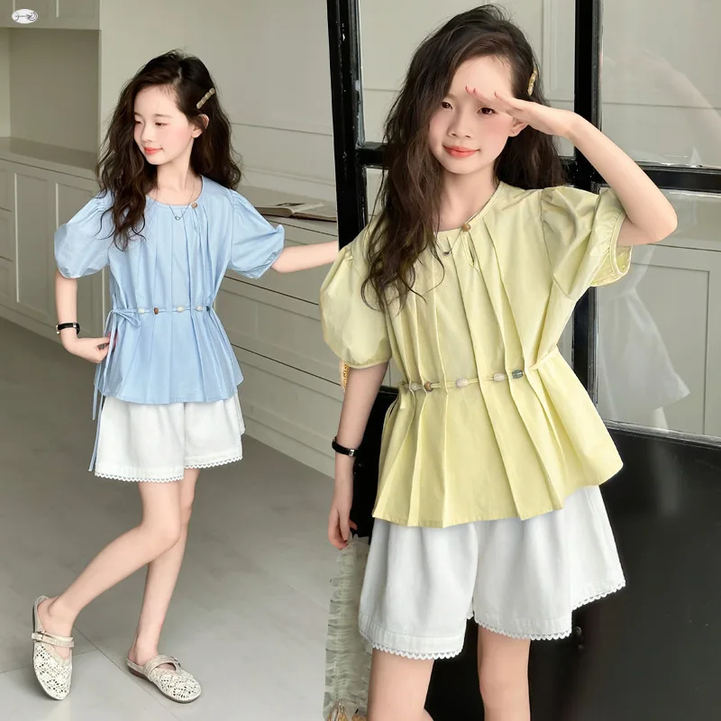 

2025 New Summer Children's Elegant Pearl Waist Rope Cotton Folded Cotton Solid Color Doll Shirt
