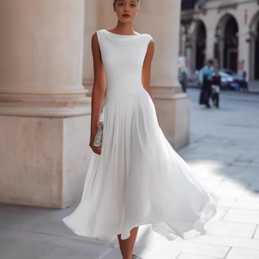 

2026 New Style White Long Dress Elegant Gown Summer Elegant Wedding Dress With Large Hem