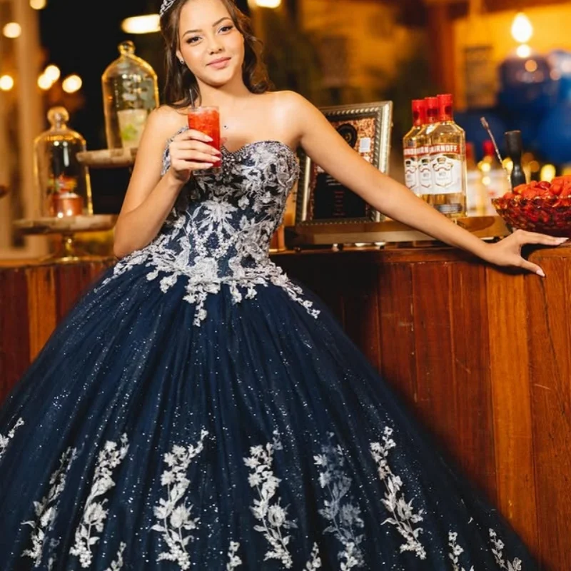 

Shiny dark blue Quinceanera Dress off-shoulder crystal decal Sequin decal Long tail vestidos de 15 Quinceanera ﻿Customized