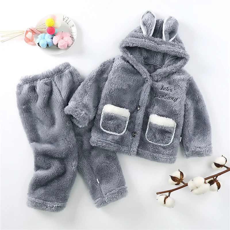 

Big Children Coral Fleece Clothing Suit Flannel Sets Winter Thick Warm Homewear 2Pcs Girls Boys Pajamas Outfit 1-10Y