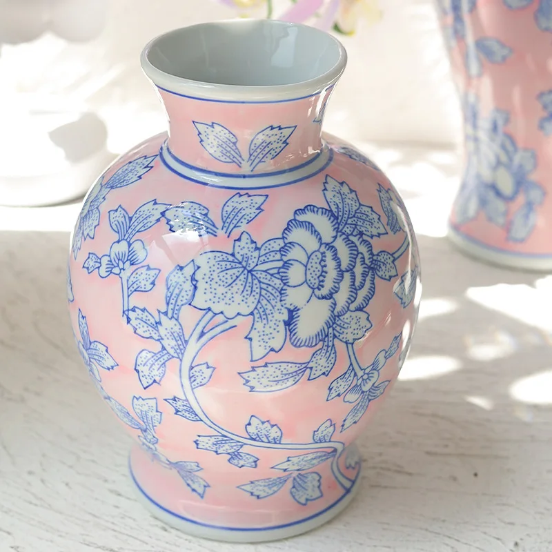 Ceramic vase, new Chinese style blue and white porcelain vase, pink vase, hydroponic flower arrangement vessel, living room deco